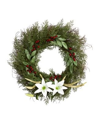 Cedar, Antlers, Lily and Ruscus with Berries Artificial Wreath, 20"