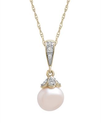 Cultured Freshwater Pearl with Diamond Dangling Pendant Necklace in 14K Yellow Gold