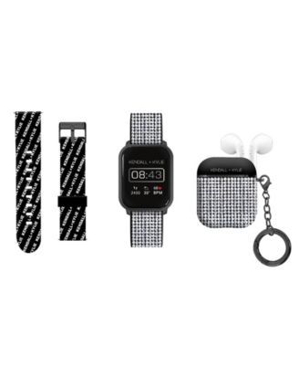 Women's Black, Silver-Tone Silicone Strap Smartwatch With Earbud Set 34mm