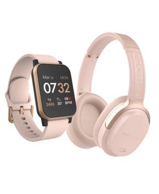 Women's Rose, Blush Silicone Strap Smartwatch with Bluetooth Headphone Set 34mm