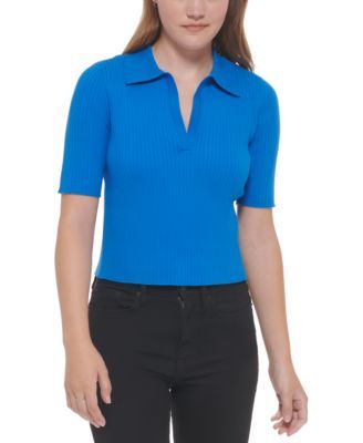Women's Ribbed Knit Cotton Polo Top