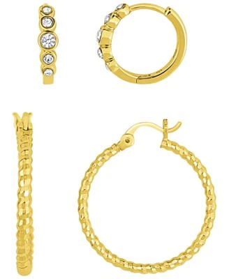 2 Pair Crystal Hoop and Textured Hoop Gold Plated Earring Set