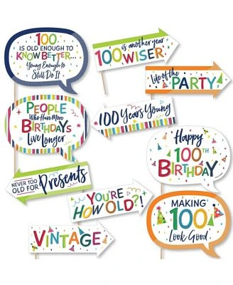 Funny 100th Birthday - Cheerful Birthday - Colorful Photo Booth Props Kit 10 Pc