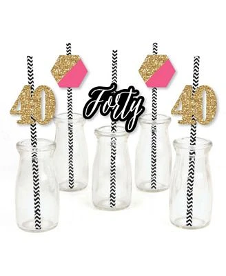 Chic 40th Birthday - Pink Black Gold Paper Straw Striped Decor Straws - 24 Ct