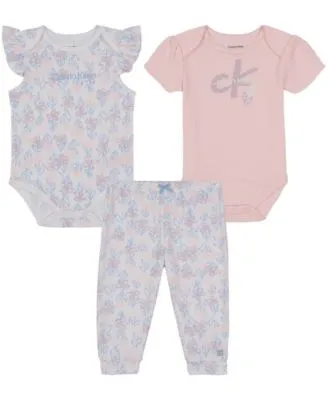 Baby Girls Eyelet-Trim Painted Logo Bodysuits and Joggers, 3 Piece Set