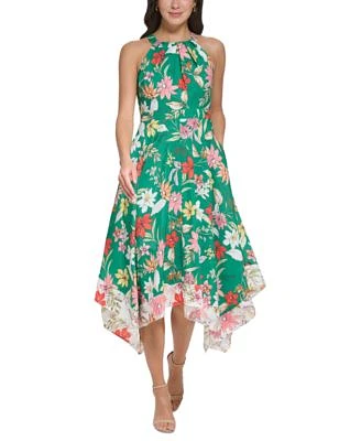 Petite Floral-Print Pleated Handkerchief-Hem Halter Midi Dress