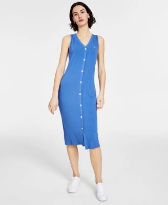 Women's Button-Trimmed Ribbed Midi Dress