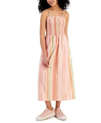 Juniors' Striped Smocked-Bodice Cotton Midi Dress