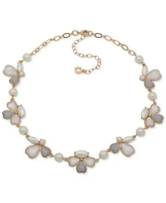 Gold-Tone Mixed Stone Half-Flower Collar Necklace, 16" + 3" extender