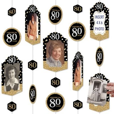 Adult 80th Birthday Gold Birthday Party Hanging Vertical Photo Garland 35 Pc