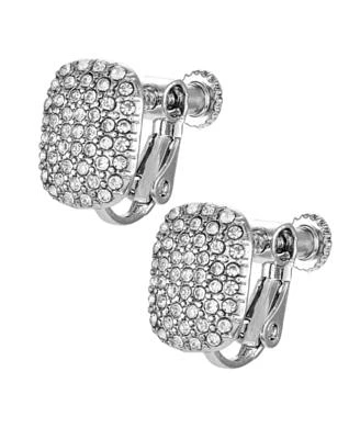 Silver-Tone Pave Clear Glass Stone Clip Stud Earrings