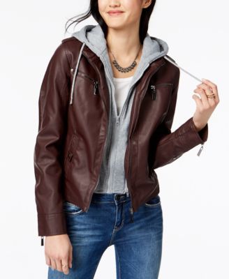 Juniors' Faux-Leather Hoodie Moto Jacket, Created for Macy's