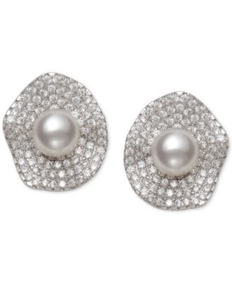 Cultured Freshwater Pearl (6mm) & Cubic Zirconia Button Stud Earrings in Sterling Silver