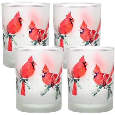 Winter Cardinals 14oz Frosted Double Old Fashioned Glass, Set of 4