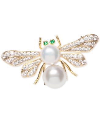 Cultured Freshwater Pearl (8 & 9mm) & Cubic Zirconia Bee Pin in Sterling Silver & 18k Gold-Plate over Silver
