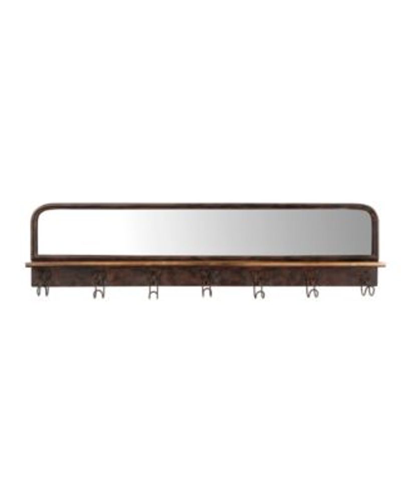 39.5" Metal Wall Mirror with Wood Shelf 7 Hooks