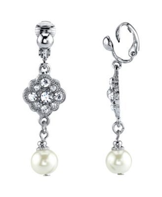 Silver Tone Crystal and Imitation Pearl Drop Clip Earrings