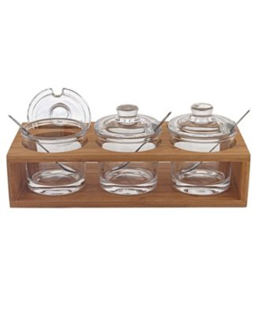 Glass Jam Set With 3 Glass Jars And Spoons On A Wood Stand, 1