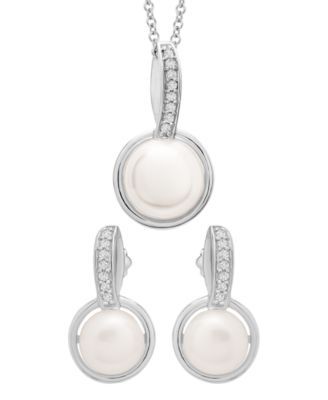 Cultured Freshwater Pearl  (7-8mm) and Diamond (1/10 ct. t.w.) Box Set (Pendant & Earrings) in Sterling Silver