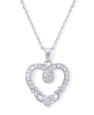 Cubic Zirconia Claddagh Heart Pendant 18" Necklace in Silver Plate