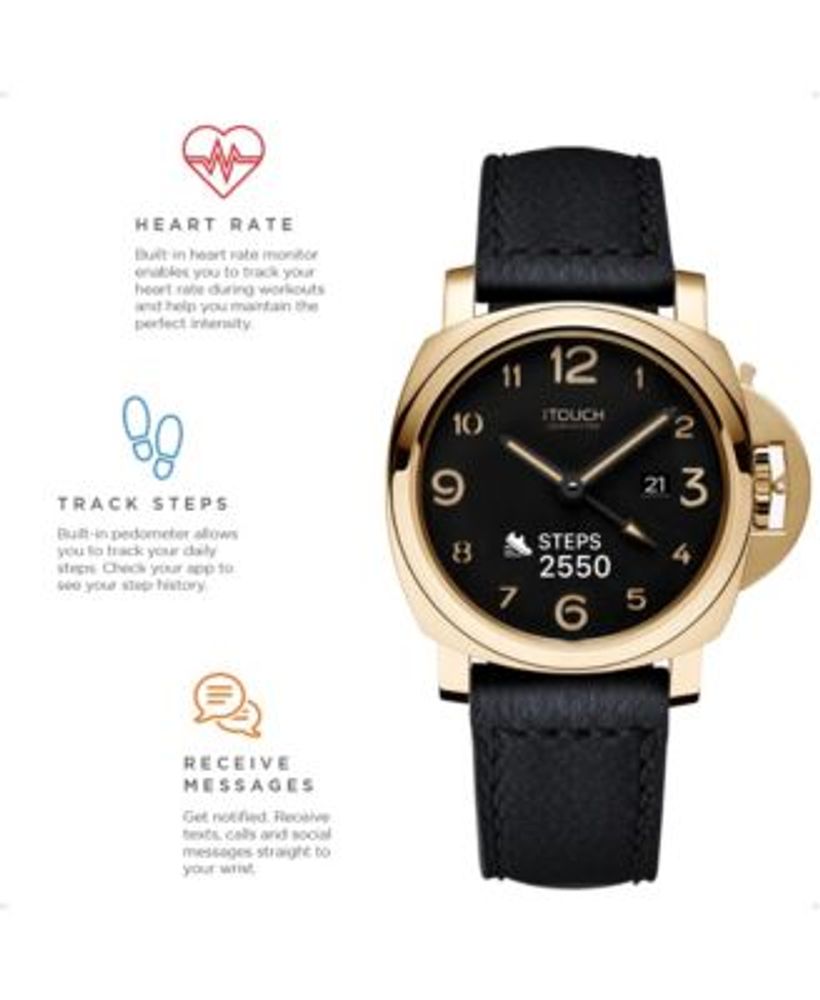 Connected Men's Hybrid Smartwatch Fitness Tracker: Gold Case with Black Leather Strap 44mm
