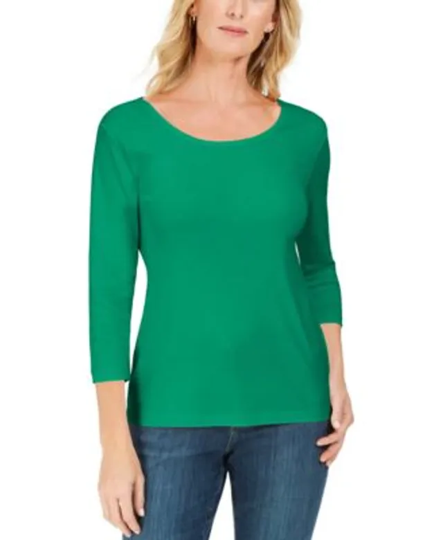 Karen Scott Petite 3/4 Sleeve Cotton Scoop-Neck Top, Created for Macy's - Bright White - Size P/L