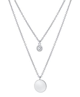 Double Layered 16" + 2" Cubic Zirconia Solitaire and 10mm Disc Chain Necklace in Sterling Silver