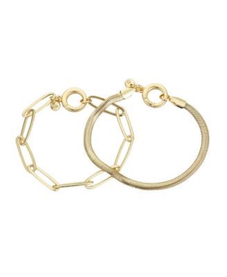 2-Pieces Paperclip and Herringbone Chain Bracelet Set Silver Plated or 14k Gold Flash