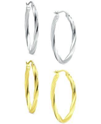 2-Pc. Set Twisted Small Hoop Earrings in Sterling Silver & 18k Gold-Plate, 20mm