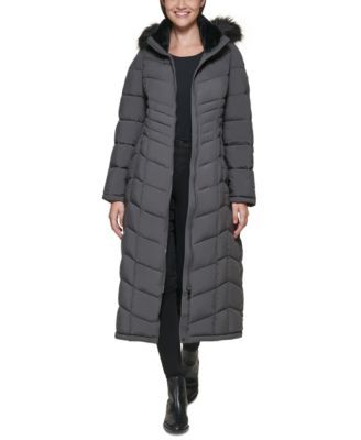 Hooded Faux-Fur-Trim Maxi Puffer Coat