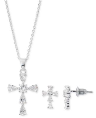 2-Pc. Set Fine Silver-Plated Cubic Zirconia Cross Pendant Necklace & Drop Earrings