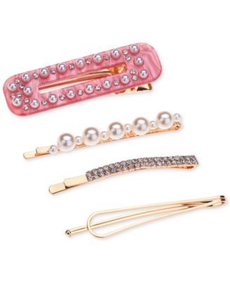 4-Pc. Gold-Tone Crystal & Imitation Pearl Hair Clip & Bobby Pin Set, Created for Macy's