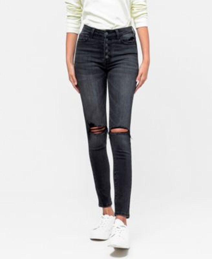 Women's High Rise Distressed Button Fly Ankle Skinny Jeans