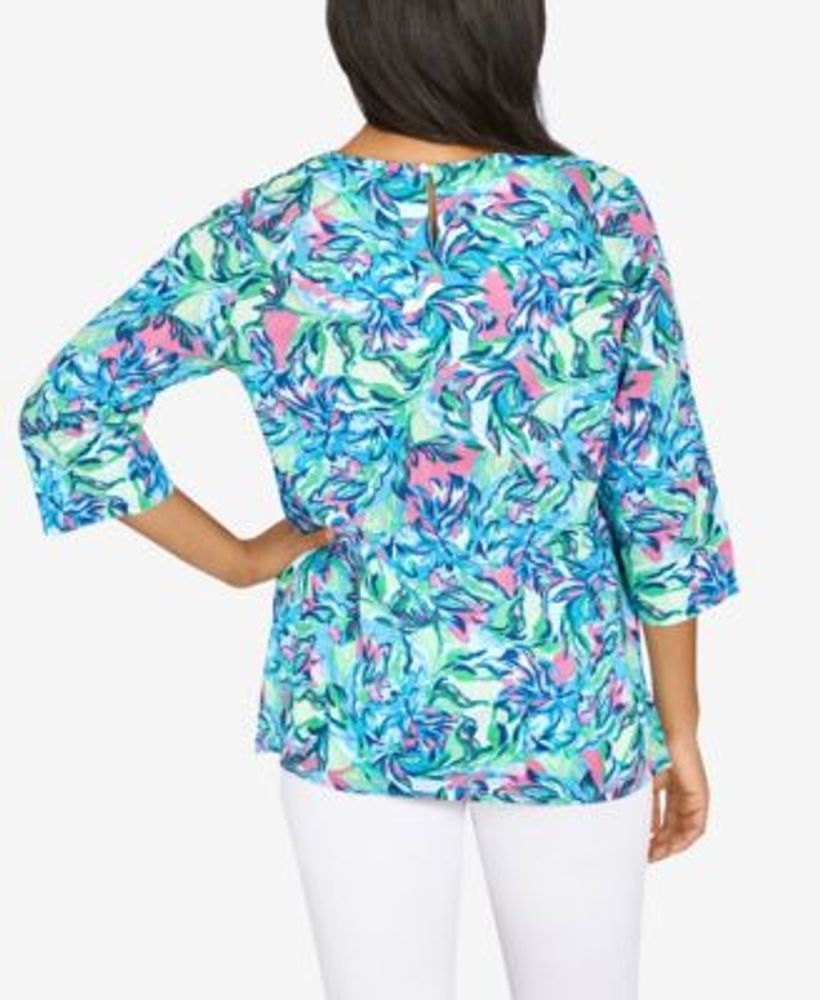 Missy Siesta Key Women's Abstract Floral Print Split Neck Shirt Top