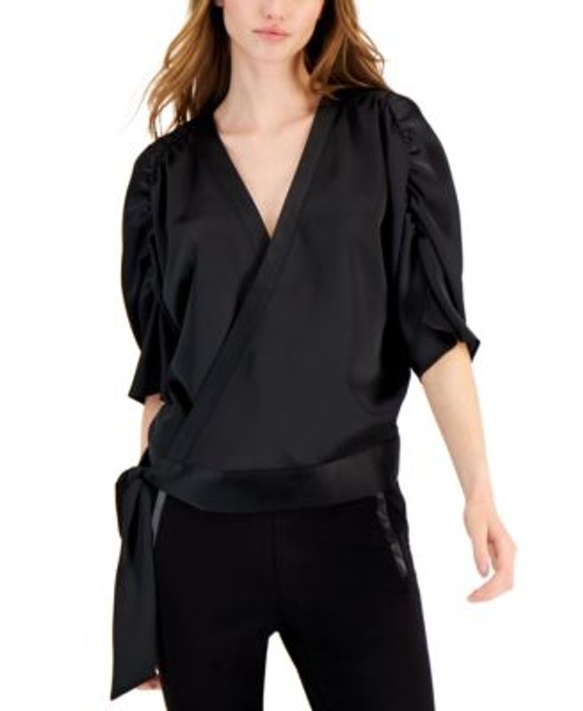 satin wrap front blouse