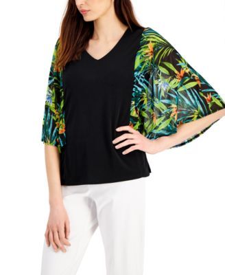 Petite Printed-Sleeve Blouse, Created for Macy's