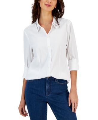 Women's Long Sleeve Embellished Buttoned Top, Created for Macy's