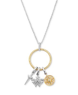 Diamond Triple Charm Ring 18" Pendant Necklace (1/8 ct. t.w.) in Sterling Silver & 10k Gold