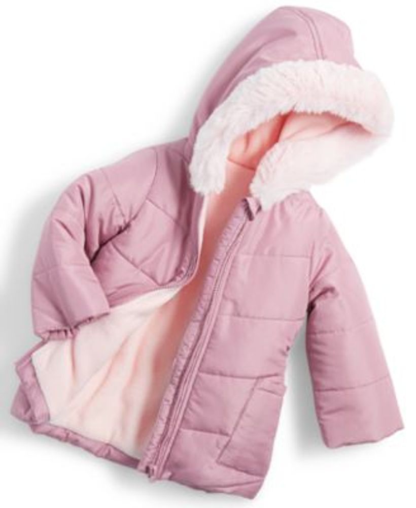 Baby Girls Hooded Parka with Faux-Fur Trim, Created for Macy's