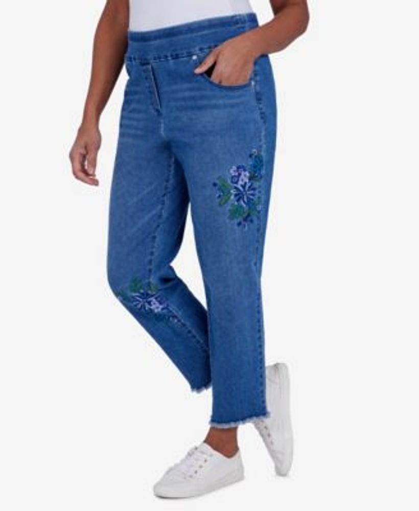 Petite Indigo Daze Pull-On Superstretch Denim Embroidered Ankle Jeans