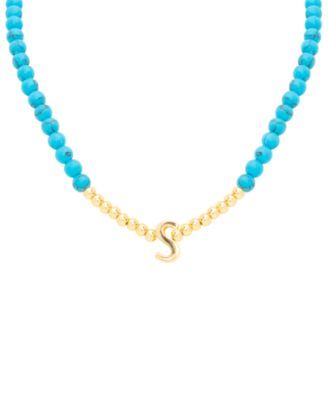 Reconstituted Turquoise & Polished Gold Bead Initial 18" Pendant Necklace 14k Gold-Plated Sterling Silver