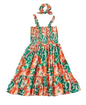 Big Girls Tropical Dress with Scrunchie, 2 Piece Set
