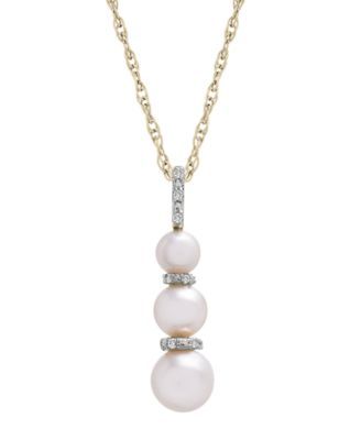 Cultured Freshwater Pearl with Diamond Graduated Pendant Necklace in 14K Yellow Gold