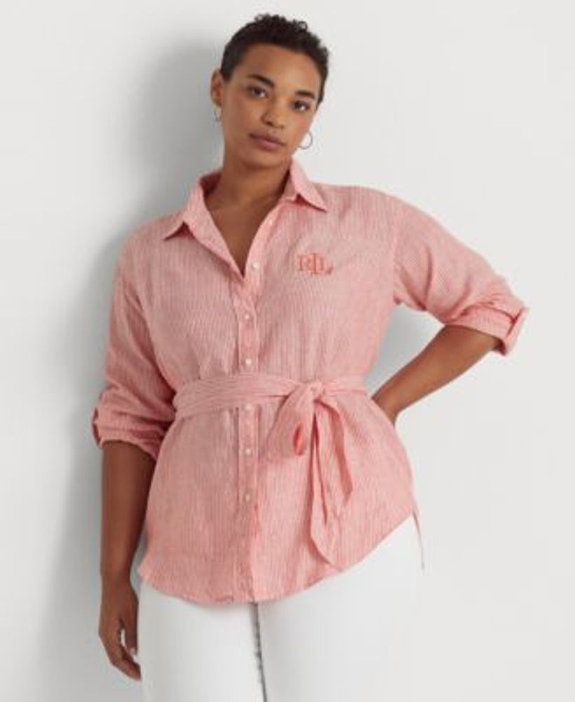 Lauren Ralph Lauren Plus-Size Striped Logo Linen Shirt | Montebello Town  Center