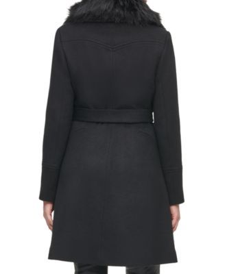 karl lagerfeld paris women's faux fur collar belted wrap coat