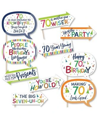 Funny 70th Birthday - Cheerful Birthday - Colorful Photo Booth Props Kit - 10 Pc