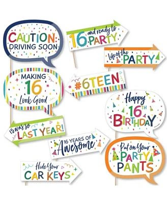 Funny 16th Birthday - Cheerful Birthday - Colorful Photo Booth Props Kit - 10 Pc