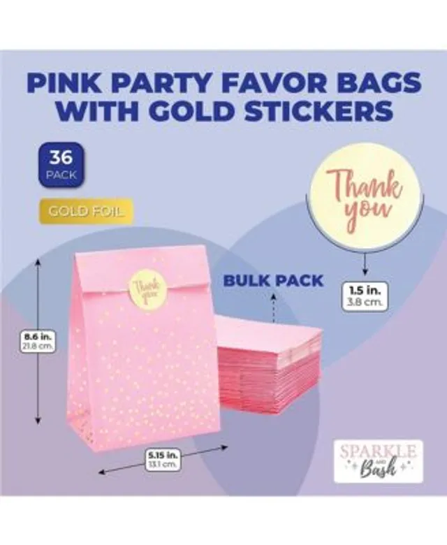 Sparkle and Bash Pink Gift Bag, Party Favor Bags with Gold Stickers (5.15 x 8.6 in, 36 Pack)