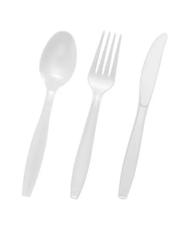 Gold with White Handle Moderno Disposable Plastic Cutlery Set - Spoons,  Forks and Knives (240 Guests)