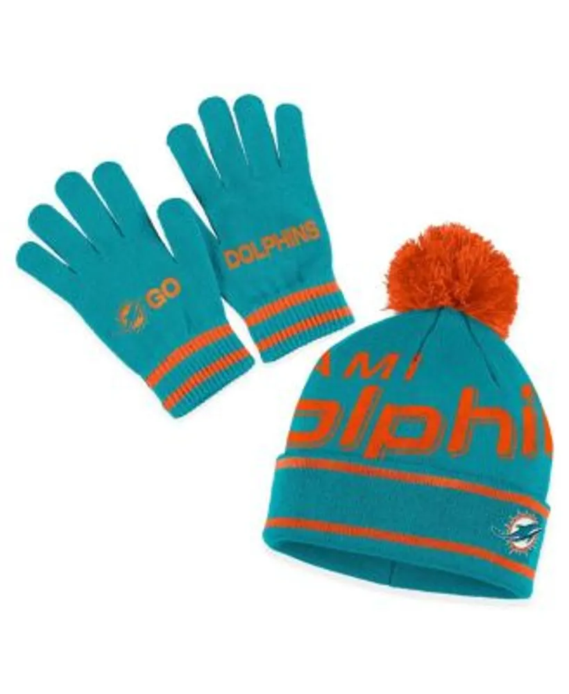 WEAR by Erin Andrews Women's Aqua Miami Dolphins Double Jacquard Cuffed  Knit Hat with Pom and Gloves Set